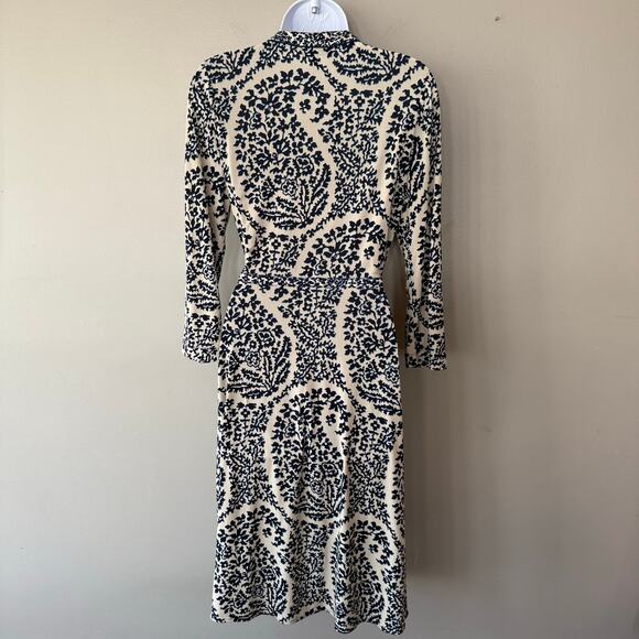 BCBGMaxazria Blue Paisley Floral Wrap Dress Midi Womens Med Navy Cream Feminine - Picture 6 of 15